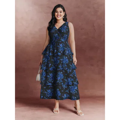 Bloomchic Women's Plus Size Floral Elegance Tiered V-neck Maxi Dress Blackflower Floral Tunic Party 10/m