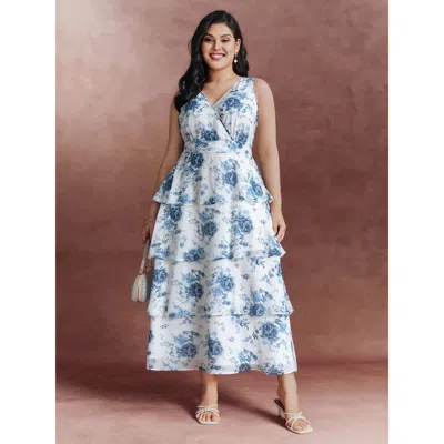 Bloomchic Women's Plus Size Floral Elegance Tiered V-neck Maxi Dress Lightblue Floral Tunic Party 12/l In Blue