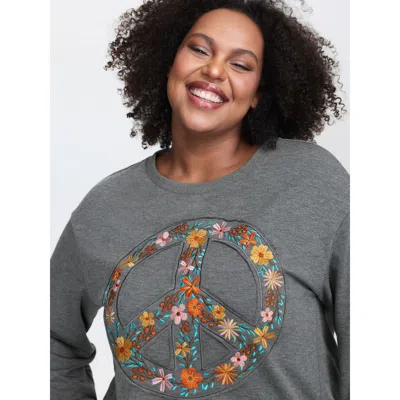 Bloomchic Women's Plus Size Floral Embroidered Applique Slit Sweatshirt Mediumgray Natural Flowers Casual 12/l