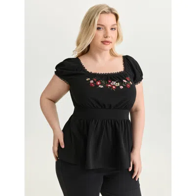 Bloomchic Women's Plus Size Floral Embroidered Babydoll Plain Knit Top Black Short Sleeve Elegant 30/6x