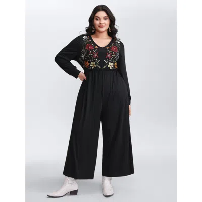 Bloomchic Women's Plus Size Floral Embroidered Bodice Stretchy Jumpsuit Black Vacation 18-20/2x