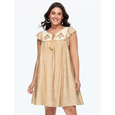 Bloomchic Women's Plus Size Floral Embroidered Color Contrast Mini Dress Apricot Floral Maxi Vacation Tassels  In Orange