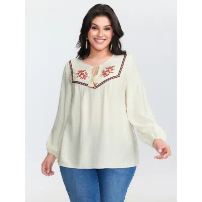 Bloomchic Women's Plus Size Floral Embroidered Drawstring Neckline Blouse Ivory Non Vacation Long Sleeve 10/m In White