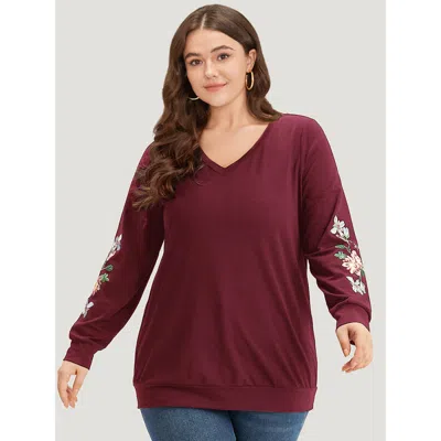 Bloomchic Women's Plus Size Floral Embroidered Elastic Cuffs V Neck Sweatshirt Burgundy Plants Dailywear 10/m