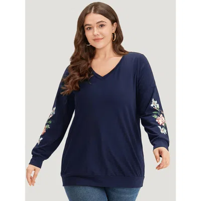 Bloomchic Women's Plus Size Floral Embroidered Elastic Cuffs V Neck Sweatshirt Darkblue Plants Dailywear 12/l In Blue