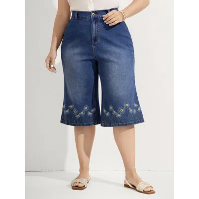Bloomchic Women's Plus Size Floral Embroidered Elastic Waist Cropped Jeans Midblue Wide Leg Medium Stretch 10/