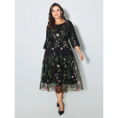 Bloomchic Women's Plus Size Floral Embroidered Elastic Waist Lined Midi Dress Black Party Midi Mesh Panel Roun