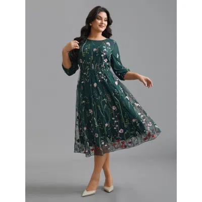 Bloomchic Women's Plus Size Floral Embroidered Elastic Waist Lined Midi Dress Darkgreen Party Midi Mesh Panel  In Green