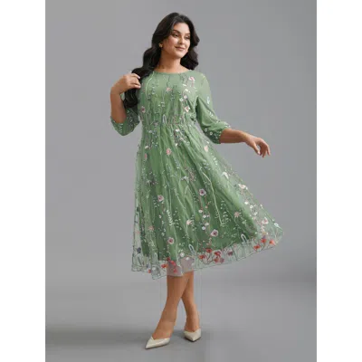 Bloomchic Women's Plus Size Floral Embroidered Elastic Waist Lined Midi Dress Greenbean Party Midi Mesh Panel 