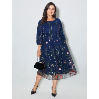 Bloomchic Women's Plus Size Floral Embroidered Elastic Waist Lined Midi Dress Navy Party Midi Mesh Panel Round In Blue