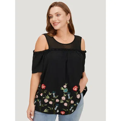 Bloomchic Women's Plus Size Floral Embroidered Frill Trim Cold Shoulder Blouse Black Dailywear Short Sleeve 12
