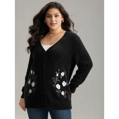 Bloomchic Women's Plus Size Floral Embroidered Fuzzy Open Front Cardigan Black Long Sleeve 10/m