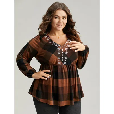 Bloomchic Women's Plus Size Floral Embroidered Gathered Lantern Sleeve T-shirt Multicolor Long Sleeve Festival
