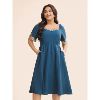 Bloomchic Women's Plus Size Floral Embroidered Heart Neckline Gathered Dress Aegean Non Midi Everyday Woven Ri In Blue