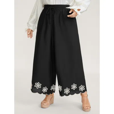 Bloomchic Women's Plus Size Floral Embroidered Hem Drawstring Pants Black Floral Wide Leg Mid Rise Vacation 10