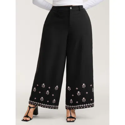 Bloomchic Women's Plus Size Floral Embroidered Hem Wide-leg Pants Black Floral Wide Leg Mid Rise Elegant 10/m