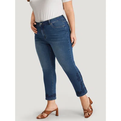 Bloomchic Women's Plus Size Floral Embroidered High Rise Dark Wash Jeans Blue Plain Embroidered Skinny Fit Hig