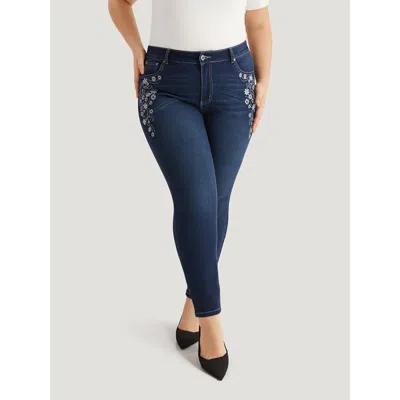 Bloomchic Women's Plus Size Floral Embroidered High Rise Skinny Jeans Darkblue Natural Flowers Zipper High Str In Blue
