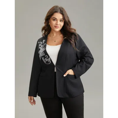 Bloomchic Women's Plus Size Floral Embroidered Hook Buckle Pocket Blazer Black Floral Lined Sleeve Long Sleeve