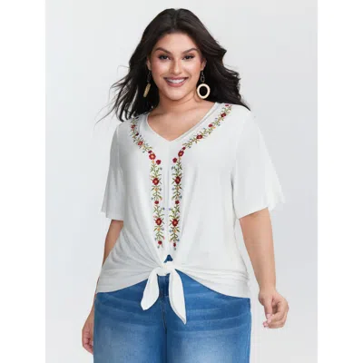 Bloomchic Women's Plus Size Floral Embroidered Knotted-front Blouse Originalwhite Floral Vacation Half Sleeve 