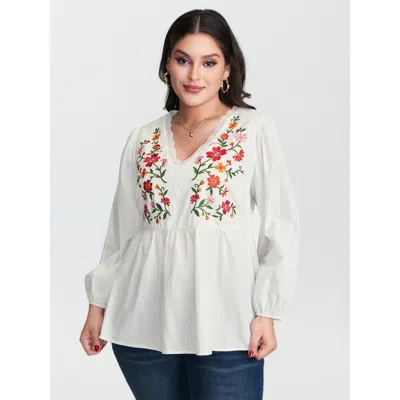 Bloomchic Women's Plus Size Floral Embroidered Lace Cinched Flared Blouse Whitesmoke Floral Elegant Long Sleev
