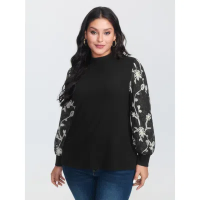 Bloomchic Women's Plus Size Floral Embroidered Lace Mock Neck Knit Top Black Long Sleeve Elegant Stand Collar 