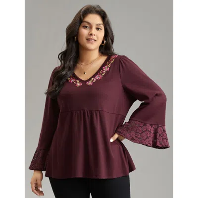 Bloomchic Women's Plus Size Floral Embroidered Lace Panel Bell Sleeve T-shirt Burgundy Long Sleeve Dailywear 1
