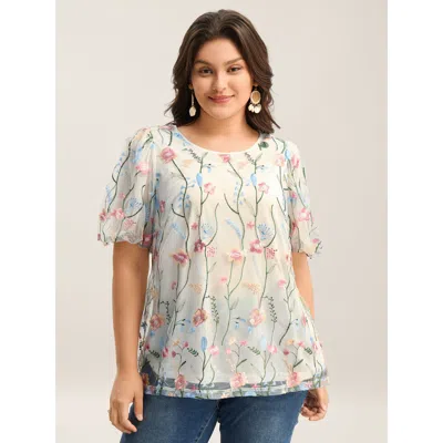 Bloomchic Women's Plus Size Floral Embroidered Mesh Bubble Sleeve Blouse Originalwhite Solid Vacation Short Sl