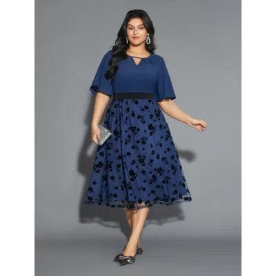 Bloomchic Women's Plus Size Floral Embroidered Mesh Keyhole Dress Aegean Botanical Midi Party Ruffles 30/6x In Blue