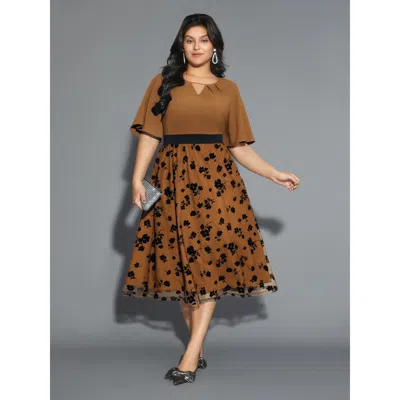 Bloomchic Women's Plus Size Floral Embroidered Mesh Keyhole Dress Yellowishbrown Botanical Midi Party Ruffles 