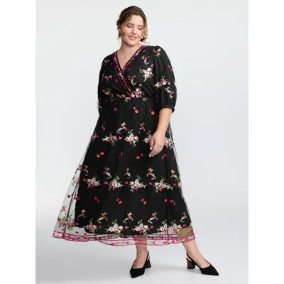 Bloomchic Women's Plus Size Floral Embroidered Mesh Lined Party Dress Black Elegant Maxi 10/m