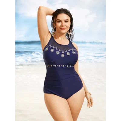 Bloomchic Women's Plus Size Floral Embroidered Mesh Patchwork Ruched One Piece Swimsuit Indigo Floral Gathered In Purple