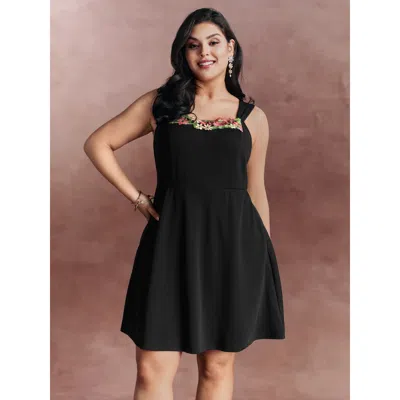 Bloomchic Women's Plus Size Floral Embroidered Neckline Built-in Bottoms Mini Dress Black Non Short Party Embr