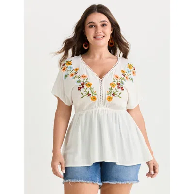 Bloomchic Women's Plus Size Floral Embroidered Neckline Flowy Blouse Whitesmoke Solid Vacation Short Sleeve V-