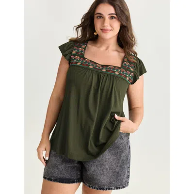 Bloomchic Women's Plus Size Floral Embroidered Neckline Knit Top Armygreen Short Sleeve Vacation 22-24/3x