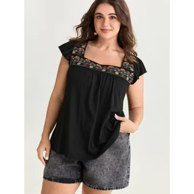 Bloomchic Women's Plus Size Floral Embroidered Neckline Knit Top Black Short Sleeve Vacation 10/m