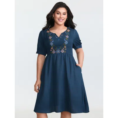 Bloomchic Women's Plus Size Floral Embroidered Neckline Textured Mini Dress Mediumblue Floral Knee Casual Text