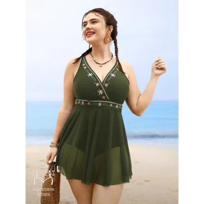 Bloomchic Women's Plus Size Floral Embroidered Overlap Collar Swim Dress Armygreen Solid Mesh Panel Adaptive-f