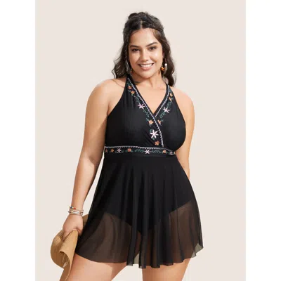 Bloomchic Women's Plus Size Floral Embroidered Overlap Collar Swim Dress Black Solid Mesh Panel Adaptive-fit 1