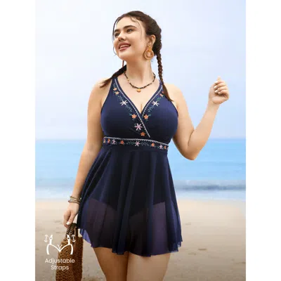 Bloomchic Women's Plus Size Floral Embroidered Overlap Collar Swim Dress Indigo Solid Mesh Panel Adaptive-fit  In Purple
