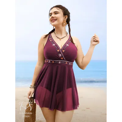 Bloomchic Women's Plus Size Floral Embroidered Overlap Collar Swim Dress Redviolet Solid Mesh Panel Adaptive-f