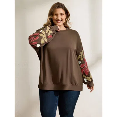 Bloomchic Women's Plus Size Floral Embroidered Patchwork Contrast Sweatshirt Browncoffeecolor Elegant 10/m