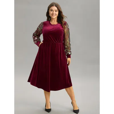 Bloomchic Women's Plus Size Floral Embroidered Patchwork Lace Velvet Mesh Dress Burgundy Dailywear Velvet 10/m