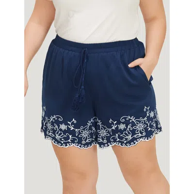 Bloomchic Women's Plus Size Floral Embroidered Pocket Knotted Lettuce Trim Shorts Indigo Dailywear Knotted Sho In Purple