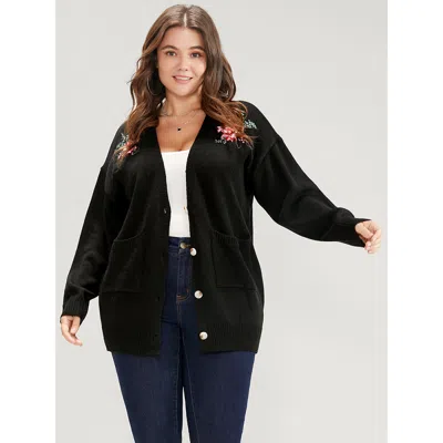 Bloomchic Women's Plus Size Floral Embroidered Pointelle Knit Pocket Button Front Cardigan Black Long Sleeve 1