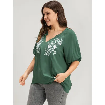 Bloomchic Women's Plus Size Floral Embroidered Puff Sleeve V Neck Blouse Green Floral Dailywear Half Sleeve 10