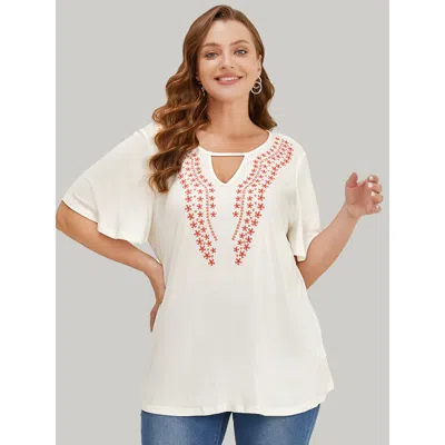 Bloomchic Women's Plus Size Floral Embroidered Ruffle Sleeve Keyhole Neck T-shirt White Short Sleeve Dailywear