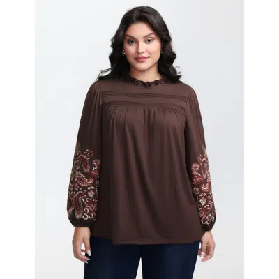 Bloomchic Women's Plus Size Floral Embroidered Ruffled Collar Top Browncoffeecolor Extra Long Sleeve Vacation 