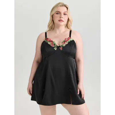 Bloomchic Women's Plus Size Floral Embroidered Satin Bustier Nightgown Black Sleeveless Tunic 10/m