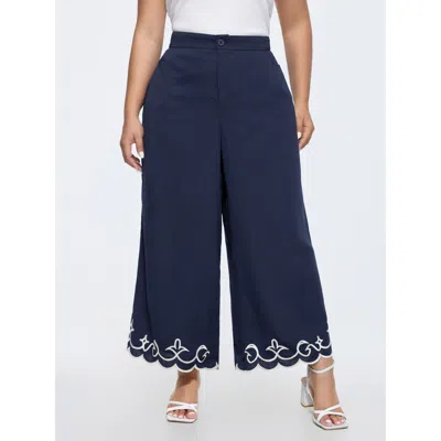 Bloomchic Women's Plus Size Floral Embroidered Scalloped Hem Pants Darkblue Solid Wide Leg Mid Rise Elegant 10 In Blue